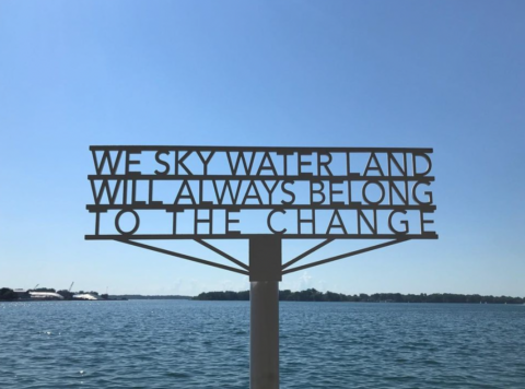 We Will Always Belong to the Change, cut steel sign on custom support, semi-permanent installation, Waterfront Toronto’s Port Lands, from Careful Infrastructures for Reassembled Lands, 002022, image Lisa Hirmer