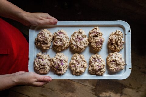 Candied wild rose brutti ma buoni cookies made by the artist for a Venetian food pop-up at the Waldoboro Inn in Waldoboro, Maine. August 2023. Photo by Nola Logan.