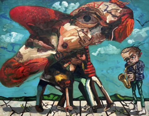 A painting of an enlarged surreal face with a red nose with a saxophone player to the right, by Dana Schutz.