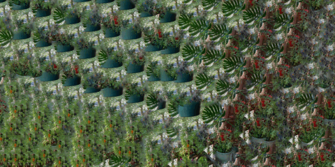 A glitching, repeating computer generated leaf and foliage pattern is a detail of a wallpaper in the installation.