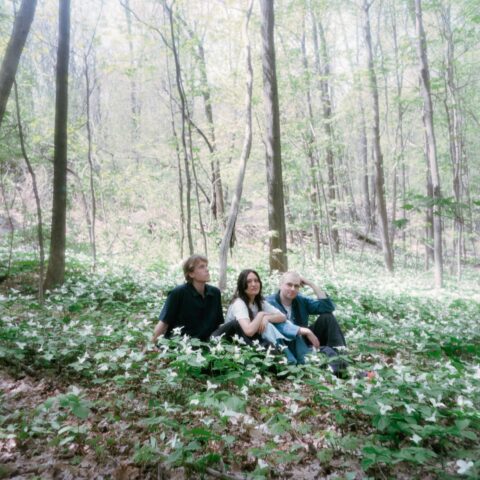 The three members of Montreal band Afternoon Bike Ride sit in a forest