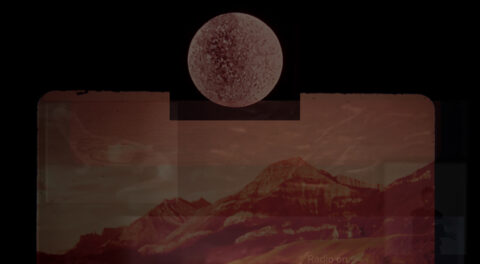 A video still composite with a reddish tint, of a coastal mountain, with a moon superimposed and faint text in the lower right corner that says "radio on."