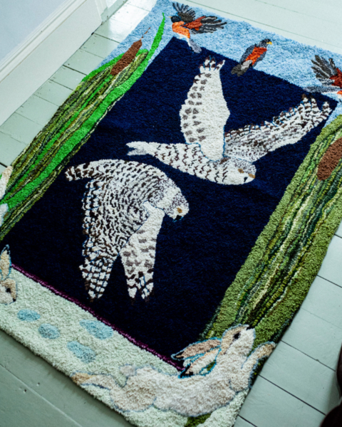 A hooked quilt of two snowy owls with a border of other birds and grasses.
