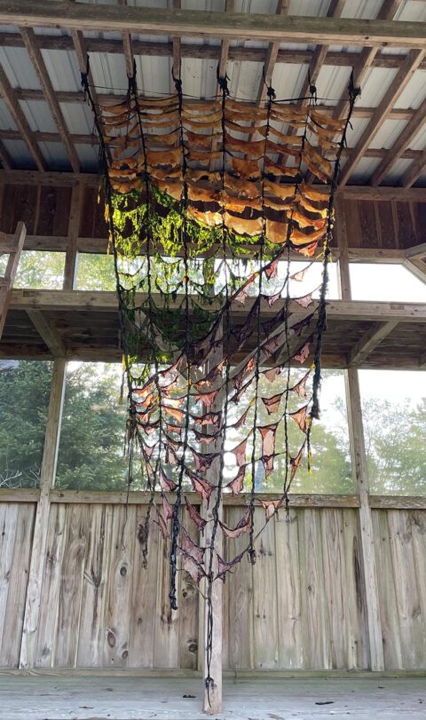 A seaweed sculpture like a dismembered fiber art piece hangs from a wooden trellice outside