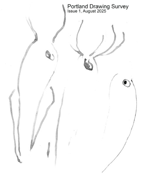 A black ink drawing on white paper with abstract shaped forms that appear to have eyes.