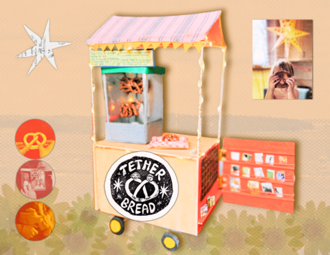 A whimsical colorful collage of the popup cart for pretzels and zines/prints.