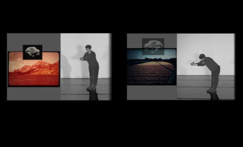 A still from Sara Smith's Shift Again featuring multiple stills side by side of a black and white performer and vintage sides projected of landscapes.
