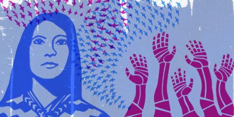 A print that includes a blue silhouette of a woman's head with radiating dot patterns behind her, and a series of red hands uplifted, with similar dots.