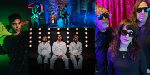 All four acts are present in compiled photographs taken in green, blue, pink, and white lighting. The headliner, Darksoft, is bathed in green light, holding a Fender stratocaster behind his neck.
