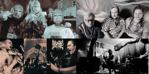Four evenly divided rectangles showcase the show's respective bands. In the top left are four people wearing masks with painted-on beards, the bottom left shows three individuals shouting while playing guitar and drums, the top right has, by comparison, three fairly normal looking folks we might assume are friends or at most frenemies, and the bottom right is a quite dark photo of a band playing music that is probably pretty good, and worth coming to the space gallery to hear.