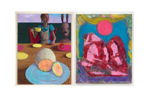 A side-by-side composite image of two colorful paintings by Stephen Benenson and Michael Berryhill.